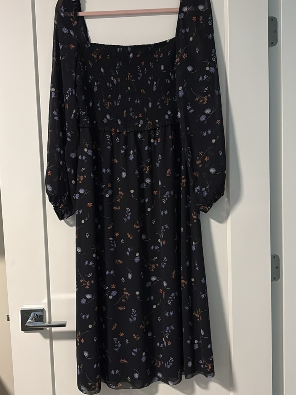 Wilfred Black Floral Smocked Midi Dress with Blue & Rust Accents